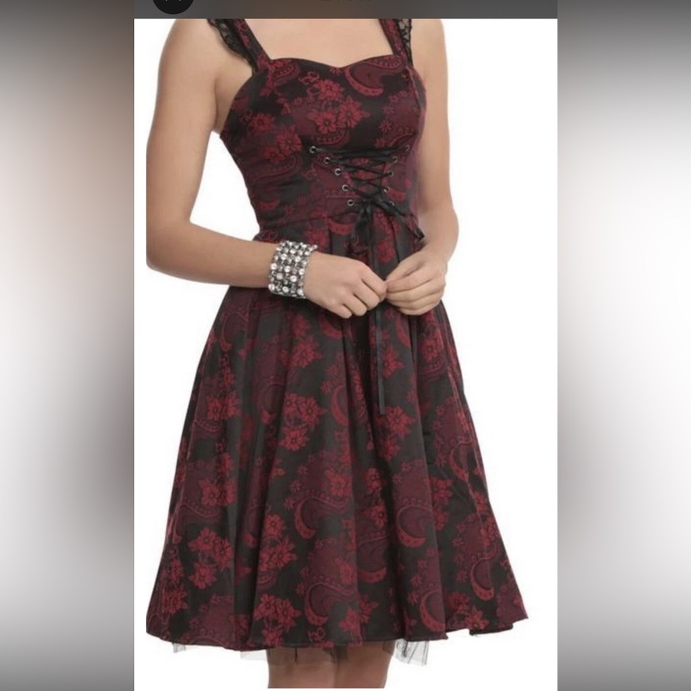 Hearts & Roses Black Red Floral Lace Up Dress Goth Fit Flare